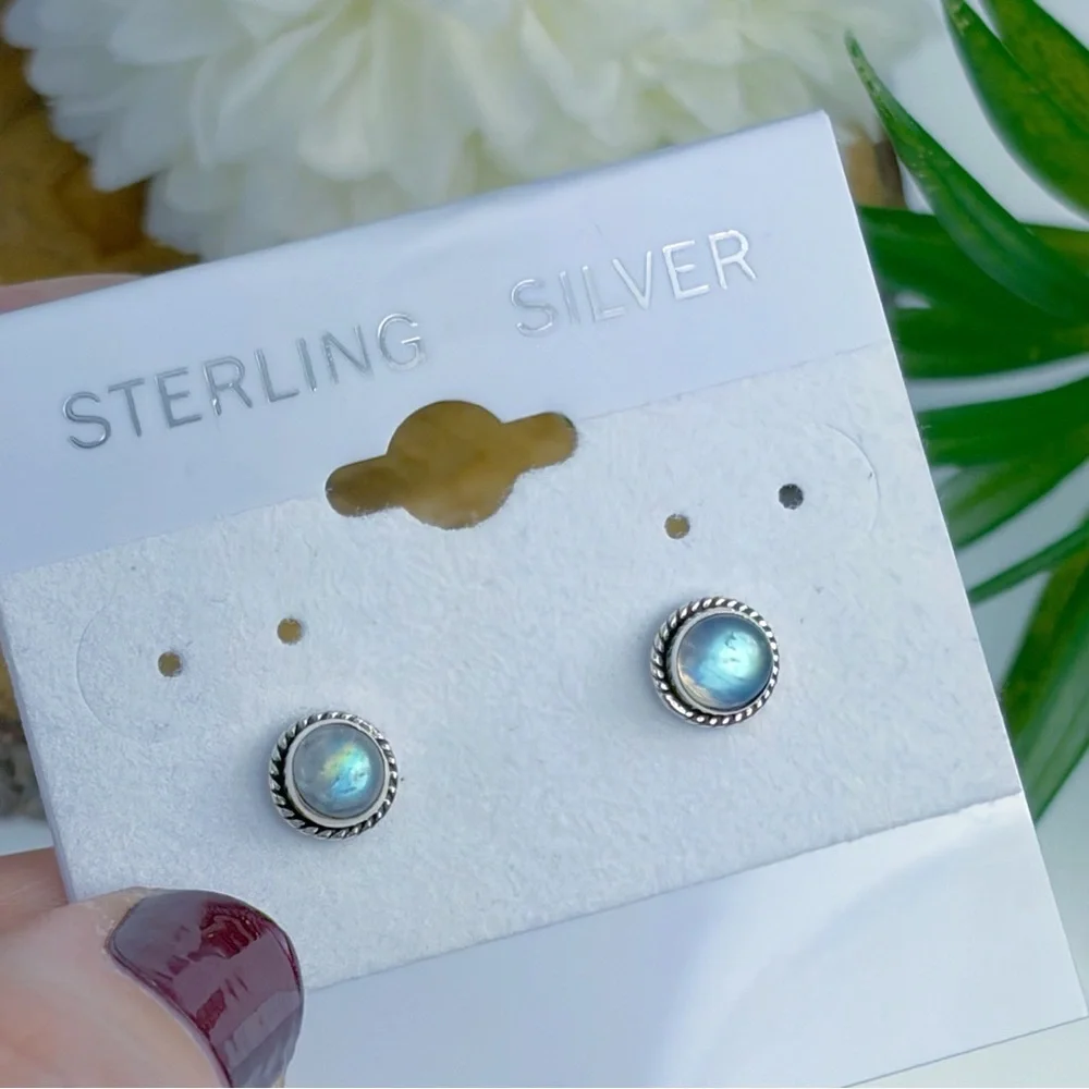 Pure Sterling Silver 925 Blue Rainbow Moonstone Stud Earrings Boho Southwest New - Picture 4 of 8